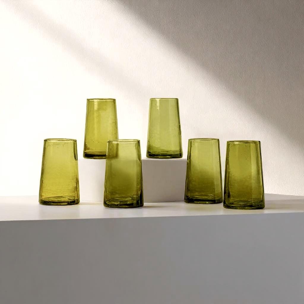 Set of large olive green cone Moroccan Beldi drinking glasses, House of Anouar