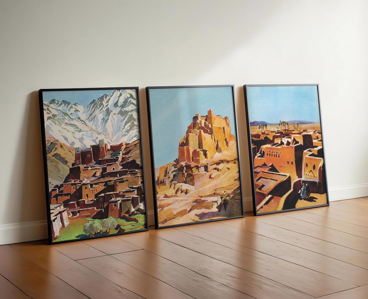 Three framed Moroccan landscape prints displayed on a floor, House of Anouar