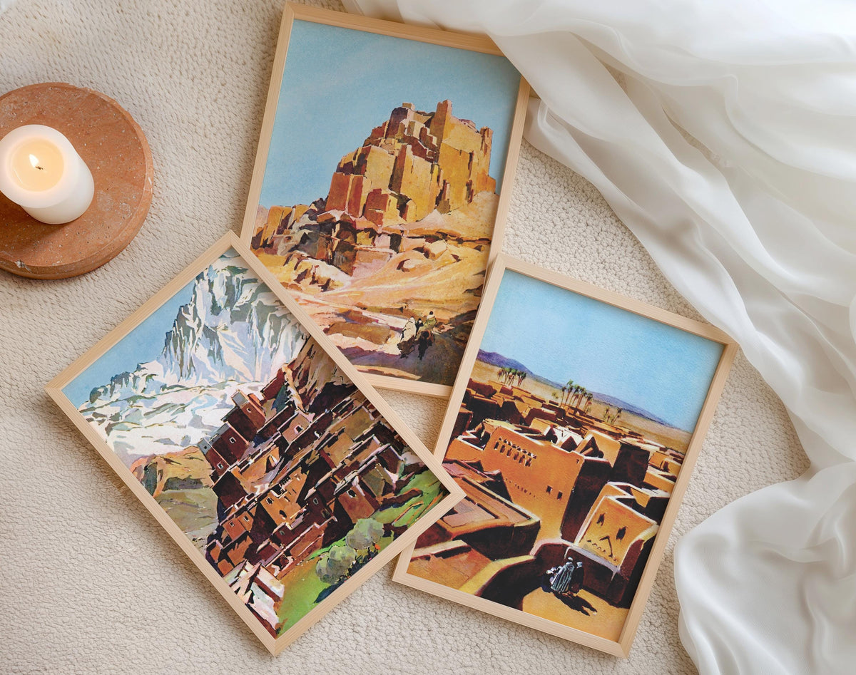 Three Moroccan landscape prints arranged on fabric, House of Anouar