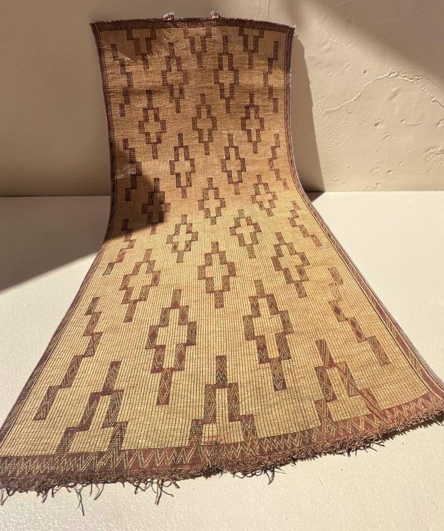 Vintage Tuareg mat with dense diamond rows, 3.83 × 1.93 m, House of Anouar