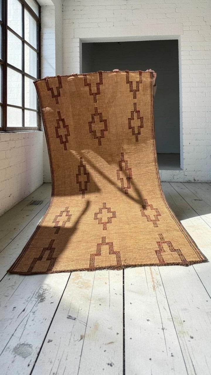 Vintage Tuareg mat with dark stepped diamond motifs, 3.40 × 1.80 m, House of Anouar