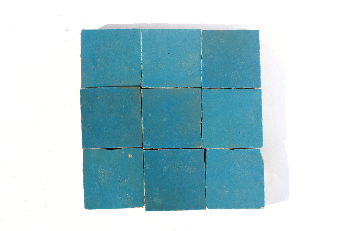 Turquoise square Moroccan zellige tiles arranged in a grid, House of Anouar