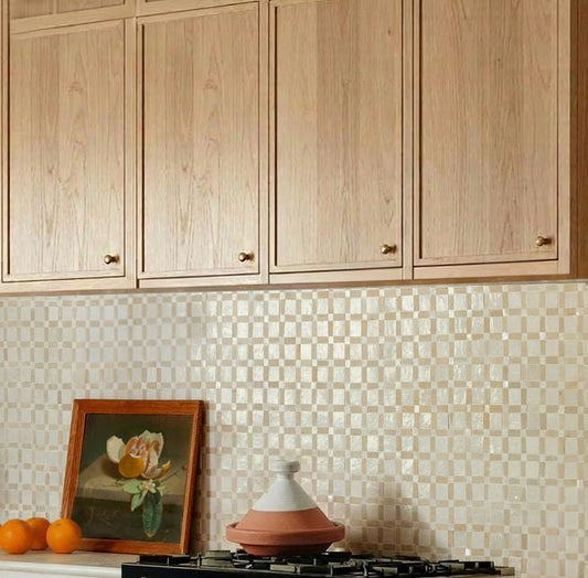 White and beige basket-weave zellige tile kitchen backsplash, House of Anouar