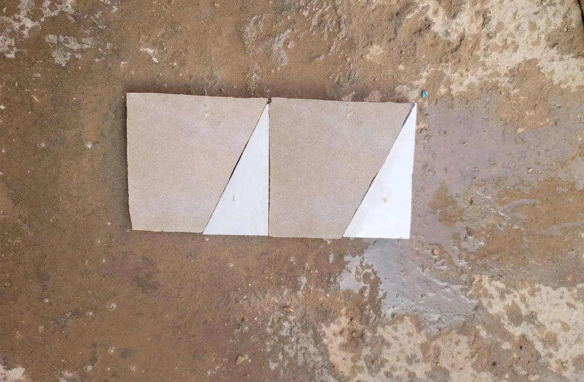 White and cream diagonal zellige tile samples, House of Anouar