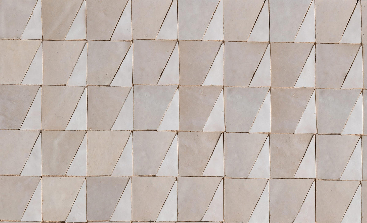 White and cream triangle-cut zellige tile pattern, House of Anouar