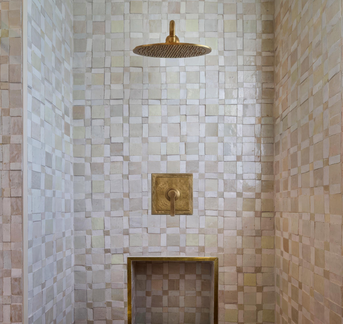 White basket-weave zellige tile shower wall and niche, House of Anouar